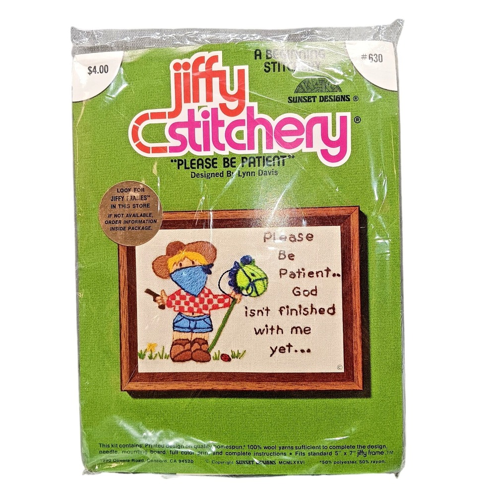 VTG 70s Jiffy Stitchery Crewel Kit‎ Please Be Patient Lynn Davis Beginners Craft